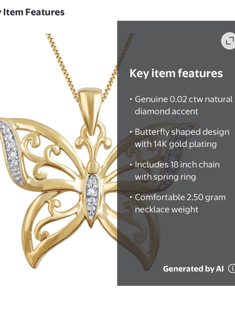 14Kt Gold over Brass Butterfly Necklace with Genuine Natural Diamonds
